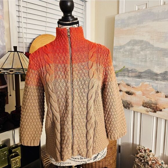 New Rachel Rachel Roy Orange/ Tan Ombra Thick Cable Knit Zipper Front Sweater. - Picture 11 of 15